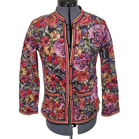 Vintage Jackets & Blazers - L'IND Women's Quilted Floral Jacket Medium Mandarin Collar Frog Closure Boho Art